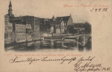 Gruss aus Oppeln (O.=Schles.) : Rechtes Oder-Ufer mit Evangelischer Kirche und Synagoge