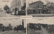 Groschowitz O/S. : Wunschik Gasthof, Bahnhof, Pfarrei u. Kirche, Gesamtansicht