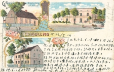 Gruss aus Krogullno : Warenhandlung v. Goth Misterek, Herzogl. M&uuml;hle, Ev. Schule