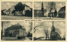 Gruß aus Schönwitz, O.-Schles. : Lindner's Gaststätte u. Fleischerei, Evgl. Kirche mit Schule, Schloss, Kath. Kirche