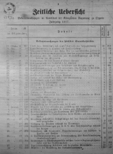 Zeitliche Uebersicht der Bekanntmachungen im Amtsblatt der Königlichen Regierung zu Oppeln Jahrgang 1917