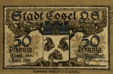 Koźle : [awers:] Stadt Cosel O.S. 50 Pf. [rewers:] Herausgegeben zur Erinnerung an die Abstimmung 20. März 1921