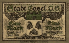 Koźle : [awers:] Stadt Cosel O.S. 1 M [rewers:] Herausgegeben zur Erinnerung an die Abstimmung 20. März 1921