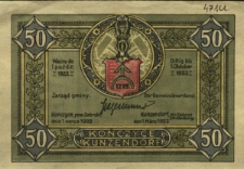 Kończyce : [awers:] Kunzendorf 50 Pf. [rewers:] Pieniądz namiastkowy Gminy Kończyce. Granica polsko - niemiecka w dniu proklamacji