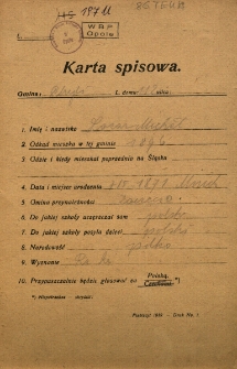 Karta spisowa. Treść: m.in. imię i nazwisko, data i miejsce urodzenia, gmina przynależności, narodowość, wyznanie