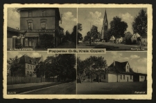 Popielów : sklep K. Gawlitty, kościół NMP Królowej Aniołów, szkoła, dworzec kolejow