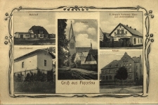 Popiel&oacute;w : dworzec kolejowy, budynek nadleśnictwa, kości&oacute;ł, sklep, szkoła