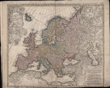 Europa Secundum legitimas Projectionis Stereographicae regulas et juxta recentissimas observationes aeque ac relationes adhibitisquo que veterum monumentorum subsidiis descripta et in partes suas methodicas X divisa a|IOH.MATTH.HASIO Math.P.P.O. edita Curis Homannianorum Heredum L'EUROPE dessin&eacute;e Suivant les Regles le plus precises d'une nouvelle Projection Stereographique tiree des Observationset des Relations les plus modernes et appuyee en divers endroits par des Monuments antiques dresse et divisee methodiquement par Jean Mattbias Has Profess Ordin des Mathematiques Publiee parles Heritiers d'Homarm l'Ann 1743 avec Privil.Imperial.