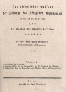 Zur &ouml;ffentlichen Pr&uuml;fung der Z&ouml;glinge des K&ouml;niglichen Gymnasiums am 7ten und 8ten October 1859 ladet die G&ouml;nner und Freunde desselben