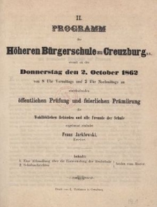 Programm der H&ouml;heren B&uuml;rgerschule zu Creuzburg O.S. womit zu der Donnerstag den 2. October 1862