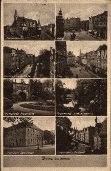 Brzeg : poczt&oacute;wka wieloobrazkowa m.in. Brama Odrzańska, Miejska Kasa Oszczędnościowa, Rynek